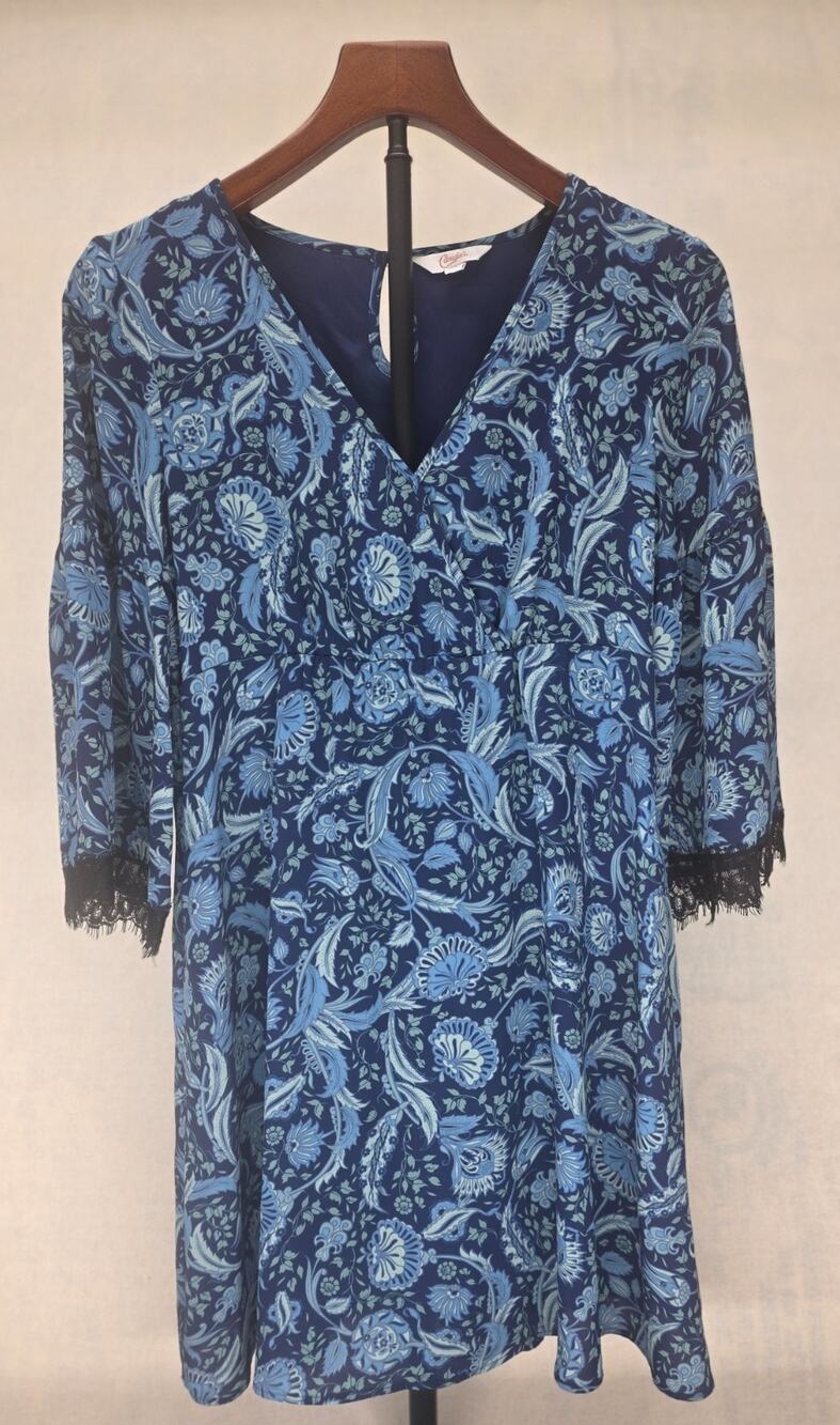 Candies Blue Paisley Babydoll Boho Chic Bell Sleeves Black Lace Trim Dress. Sz M